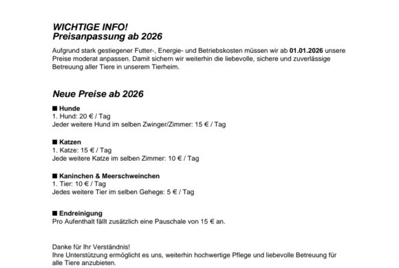 Preisanpassung Pension ’26