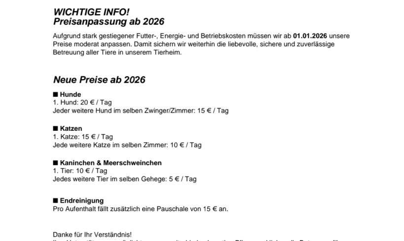 Preisanpassung Pension ’26 Preisanpassung Pension ’26